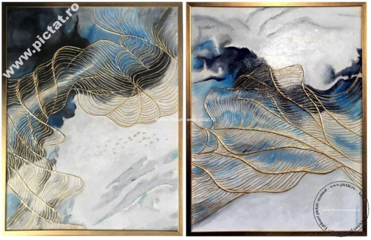 Tablouri pictate manual Set 2 tablouri. Set abstract, tablou alb albastru, Filigram aur