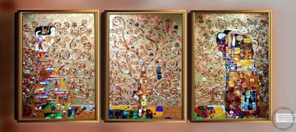 Tablouri pictate manual Set 3 tablouri, Gustav Klimt, Tablou Asteptarea, Tablou Sarutul, Tablou copacul vietii