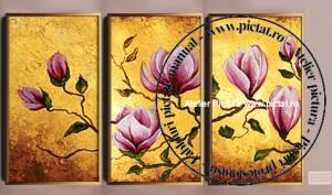 Tablouri pictate manual Set 3 tablouri, triptic, Ramura cu Flori de magnolie