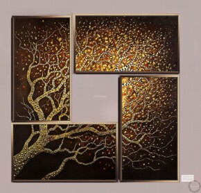 Tablouri pictate manual Set 4 tablouri, Copacul vietii, tablou placat cu foita de aur
