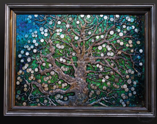 Tablou copacul vietii Modelaj Lut Pictura cutit tablou reliefat pictat manual tablou cu bijutetii tablou 3 D, Tablou verde