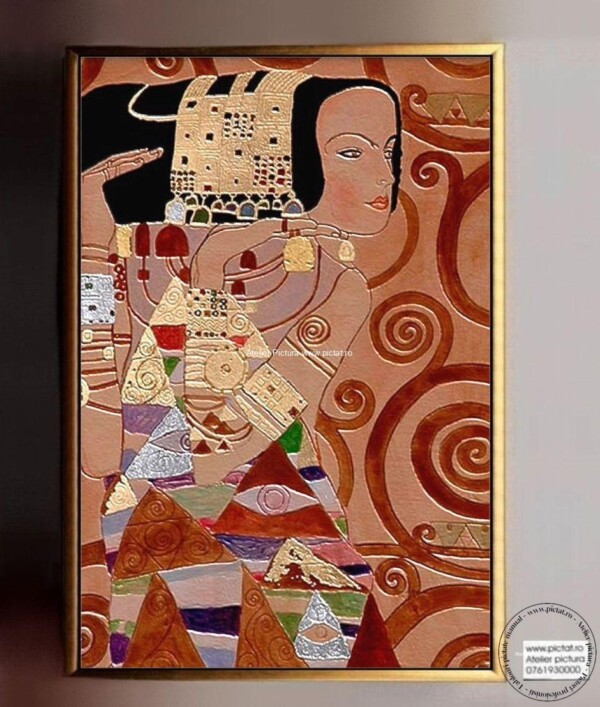 Tablouri pictate manual Tablou Asteptarea, Tablouri Gustav Klimt, Tablou cu femeie misterioasa