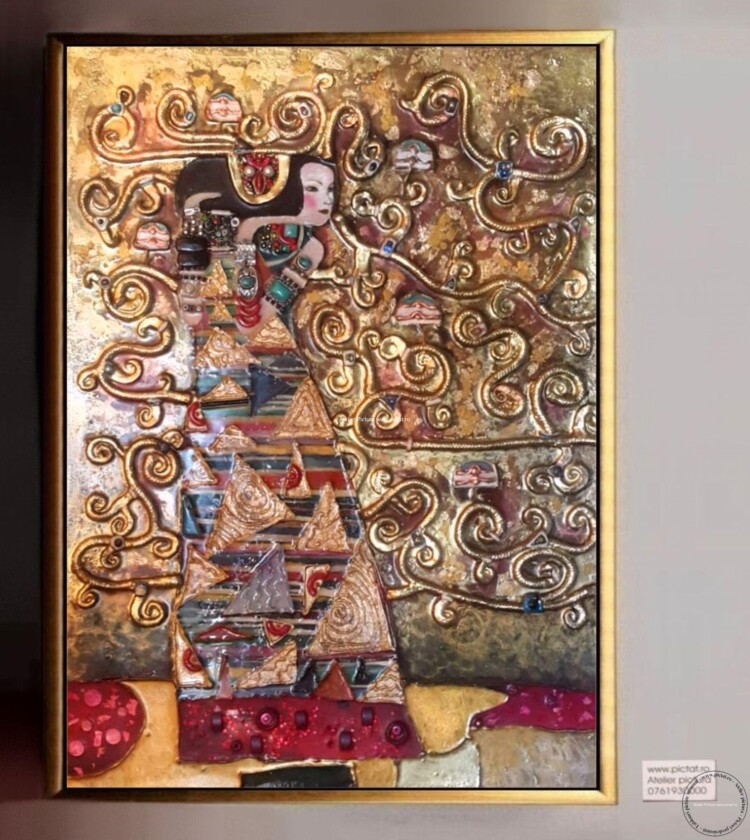 Tablouri pictate manual Tablou Gustav Klimt, Asteptarea, Pictura 3D placata foita de aur