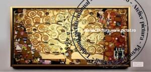Tablouri pictate manual Tablou Gustav Klimt, Sarutul, copacul vietii, asteptarea, Pictura 3D placata foita de aur