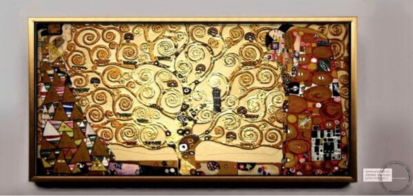 Tablouri pictate manual Tablou Gustav Klimt, Sarutul, copacul vietii, asteptarea, Pictura 3D placata foita de aur