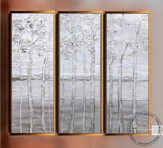 Tablou Padure de argint, Tablou cu copaci albi, Peisaj iarna Tablou modern, Tablou pictat manual, Pictura ulei, vanzare tablouri