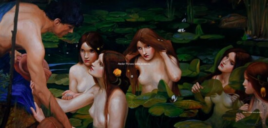 Tablou Pictura Hylas and the Nymphs is an 1896 oil painting by John William Waterhouse, Tablou scenă mitologică din povestea greacă veche a lui Jason și argonauții, care îl arată pe Hylas fiind tentat până la moarte de nimfele apei