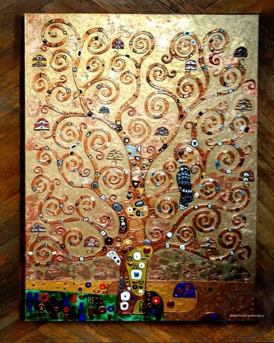 Tablouri pictate manual Tablou abstract, Copacul vietii, Klimt, Foita de aur