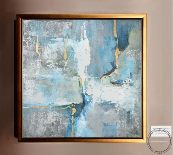 Tablou abstract alb albastru auriu, tablouri aurii, tablou foita aur, tablou in relief efect 3D
