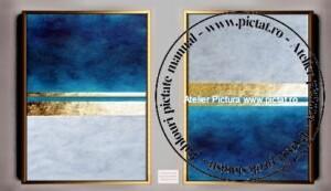 Tablouri pictate manual Tablou abstract albastru, set 2 tablouri alb albastru auriu