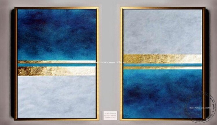 Tablouri pictate manual Tablou abstract albastru, set 2 tablouri alb albastru auriu