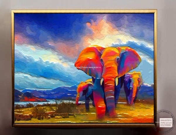 Tablouri pictate manual Tablou abstract cu elefanti, tablou african, tablou africa