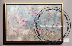 Tablouri pictate manual Tablou abstract cu flori roz, tablou dimensiune mare