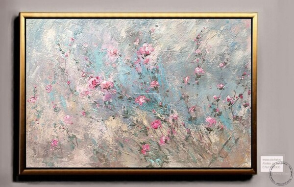 Tablouri pictate manual Tablou abstract cu flori roz, tablou dimensiune mare