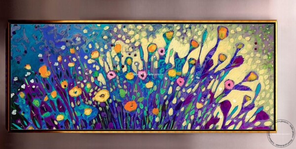 Tablou abstract cu flori, tablou pictura in cutit, tablou sufragerie