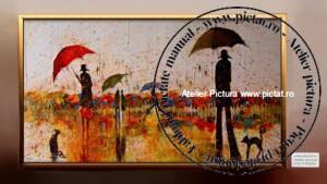 Tablouri pictate manual Tablou abstract cu oameni in ploaie, Tablou oameni cu umbrela, tablou siluete oameni