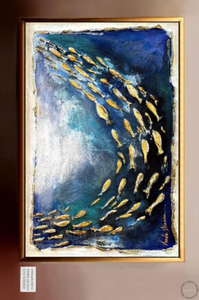 Tablouri pictate manual Tablou abstract cu pesti in ocean, Tablou pictura 3d feng shui Tablou pictura cutit 40x50cm