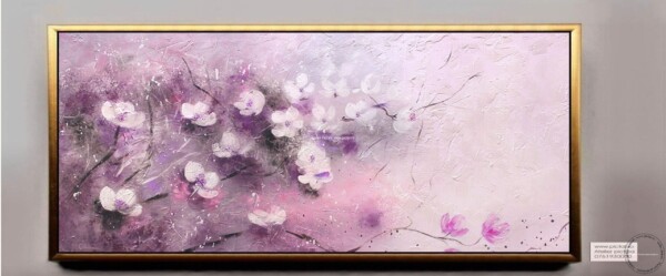 Tablouri pictate manual Tablou abstract, flori albe pe fundal roz, tablou in cutit