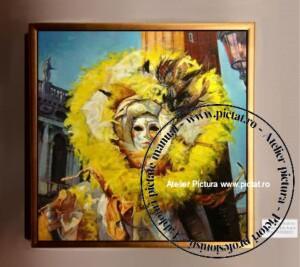 Tablouri pictate manual Tablou abstract galben, tablou silueta femeie, tablou masca venetiana