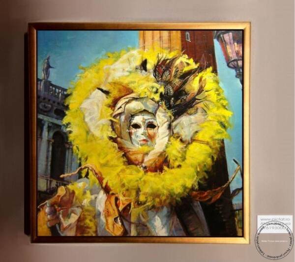 Tablouri pictate manual Tablou abstract galben, tablou silueta femeie, tablou masca venetiana