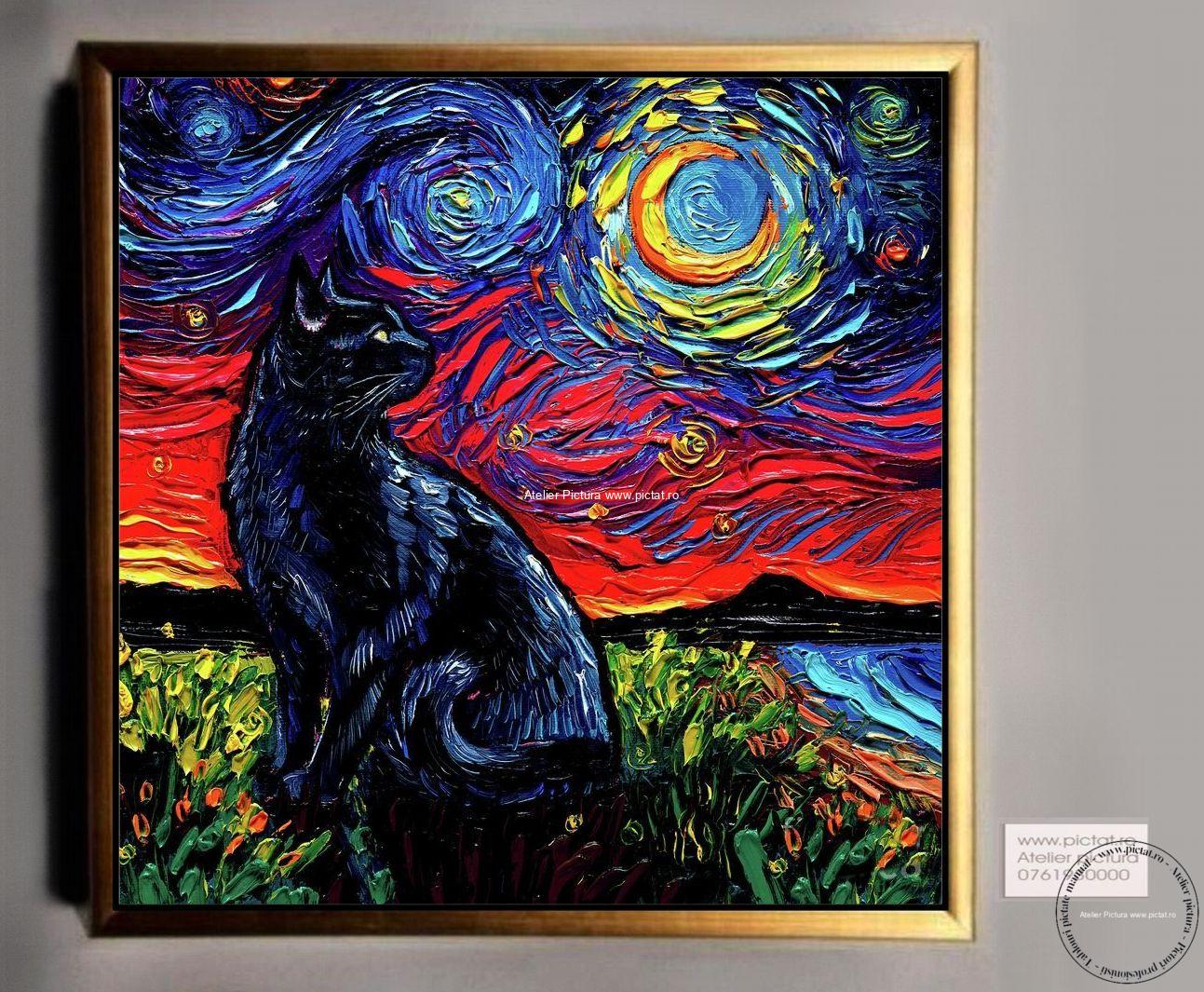 Tablouri pictate manual Tablou abstract multicolor, Tablou cu pisica, peisaj van gogh
