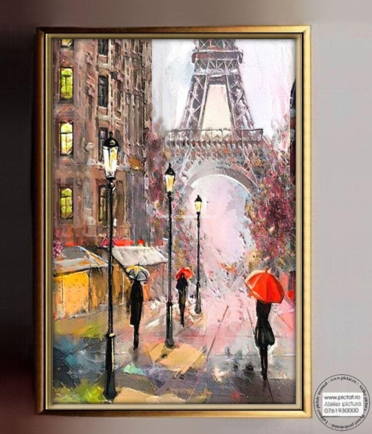 Tablouri pictate manual Tablou abstract, peisaj citadin, plimbare in ploaie, Turnul Eiffel Paris