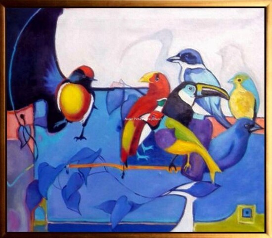 Tablouri pictate manual Tablou abstract, tablou cu papagali, tablou cu pasari in zbor, Tablou multicolor 65x55 cm