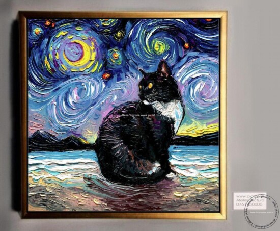 Tablouri pictate manual Tablou abstract, tablou cu pisica neagra, peisaj noapte instelata