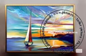 Tablouri pictate manual Tablou abstract, tablou peisaj maritim, tablou barca cu panze, tablou cu apus