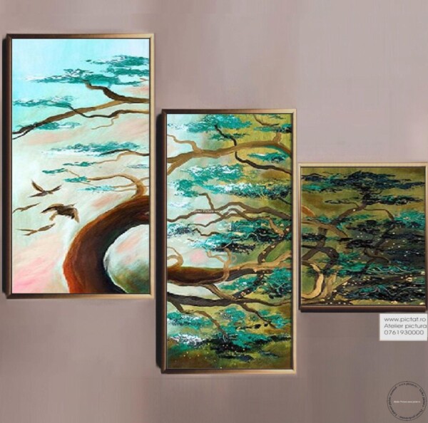 Tablouri pictate manual Tablou arbore cu pasari, Tablou abstract, Set tablou verde