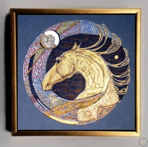 Tablou cal auriu, tablou pictura texturata, Tablou abstract, Tablou cu cai, Tablou cal, Tablouri animale, tablou animale companie