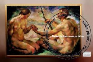 Tablouri pictate manual Tablou contemporan, tablou Adam si Eva, Tablou cuplu Nud