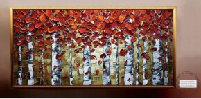 Tablou copac cu flori rosii tablouri cu copaci, tablouri frunze rosii, tablou cu mesteacan, tablou pictat in cutit