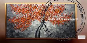 Tablou copaci cu flori oranj, Tablou copaci ornamentali, tablouri abstracte, Tablouri pictori romani de vanzare, tablouri abstracte