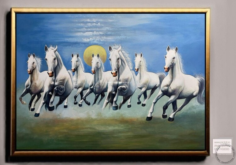 Tablouri pictate manual Tablou cu 7 cai albi, tablou peisaj de primavara, tablou abstract