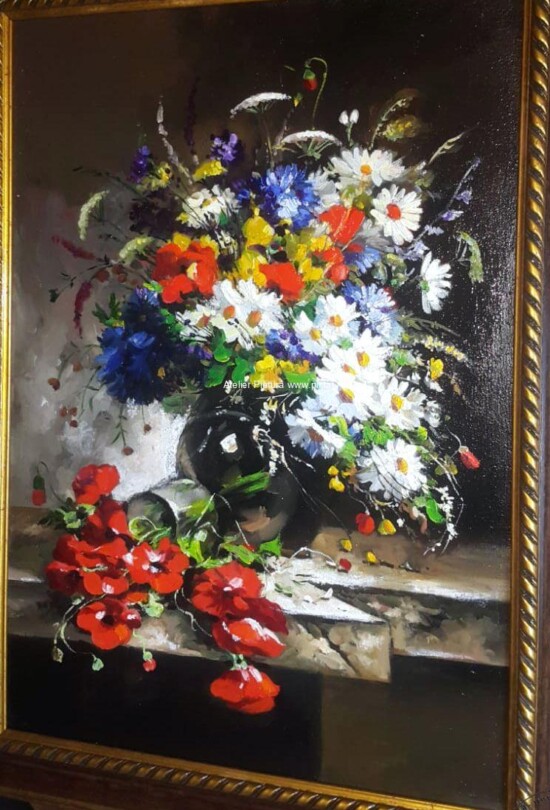 Tablou cu rama Tablou pictat flori camp in vaza Pictura flori, Tablou cu maci, Tablouri cu flori de camp, Reproducere dupa Eugene Henri Cauchois 45×62 cm