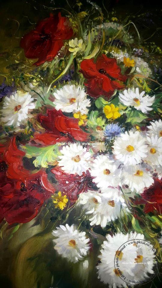 Tablouri pictate manual ulei pe panza Tablou cu Flori, Pictura cu Maci si margarete, Tablouri cu flori in vaza asezata pe masa, Glastra cu flori de camp 60x80cm