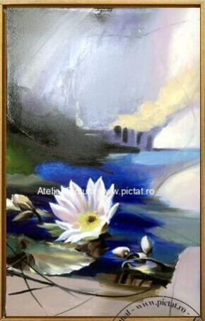 Tablou floare de lotus Tablou cu nufar, tablou albastru 73x45