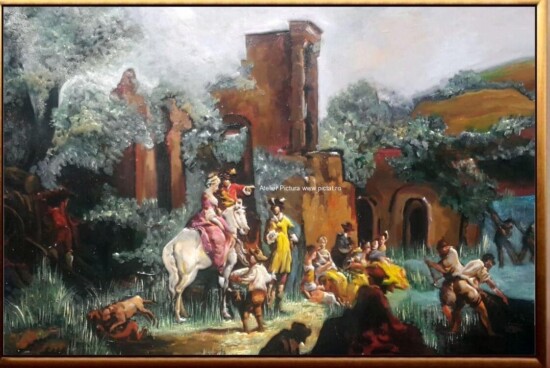 Tablou cu peisaj de toamna, Tablou baroque, tablou rococo antique 45x65 cm