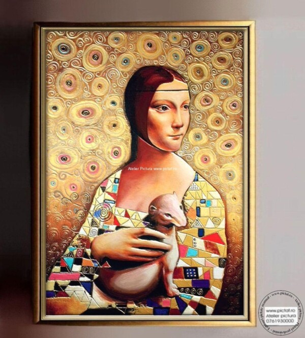 Tablouri pictate manual Tablou femeie cu animal de companie, Tablou inspiratie Gustav Klimt, tablou 3D