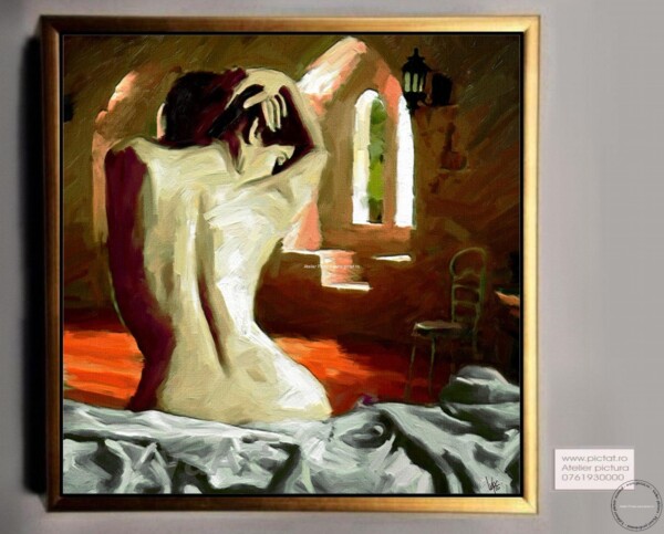 Tablouri pictate manual Tablou femeie nud, pictura femeie in asternuturi