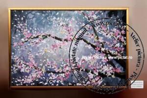 Tablouri pictate manual Tablou flori albe, Tablou abstract, tablou copac flori roz