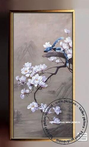 Tablouri pictate manual Tablou flori de cires cu pasarele, Tablou abstract, tablou pasari pe ramura inflorita