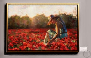 Tablouri pictate manual Tablou peisaj de vara, tablou abstract rosu, tablou cu femeie in lanul de maci rosii