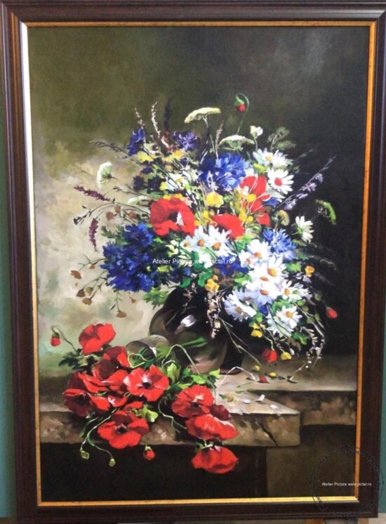 Tablou pictat manual ulei Tablou floral. Pictura cu flori. Tablou cu maci, Tablouri cu flori de camp Reproducere dupa Eugene Henri Cauchois 45×62 cm