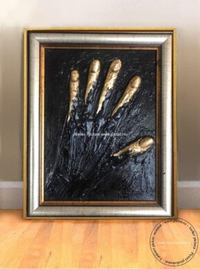 Tablouri pictate manual Tablou abstract modelaj lut tablou cu maini Tablou auriu negru. Tablou abstract cu foita de aur, tablou modern 14x22cm