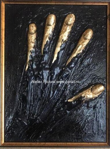 Tablouri pictate manual Tablou abstract modelaj lut tablou cu maini Tablou auriu negru. Tablou abstract cu foita de aur, tablou modern 14x22cm
