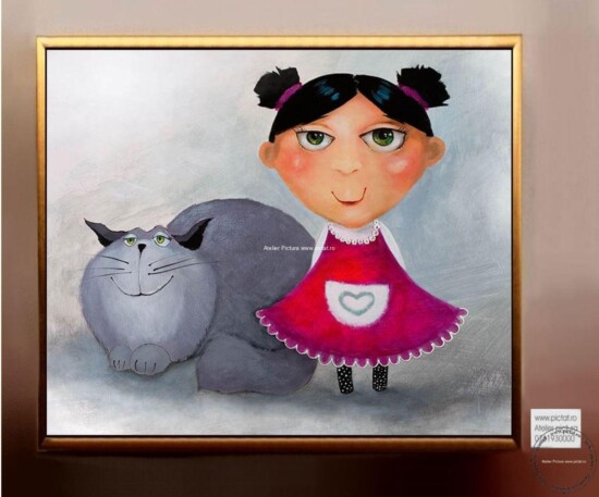 Tablouri pictate manual Tablou pictura naiva, tablou portret fetita cu pisica