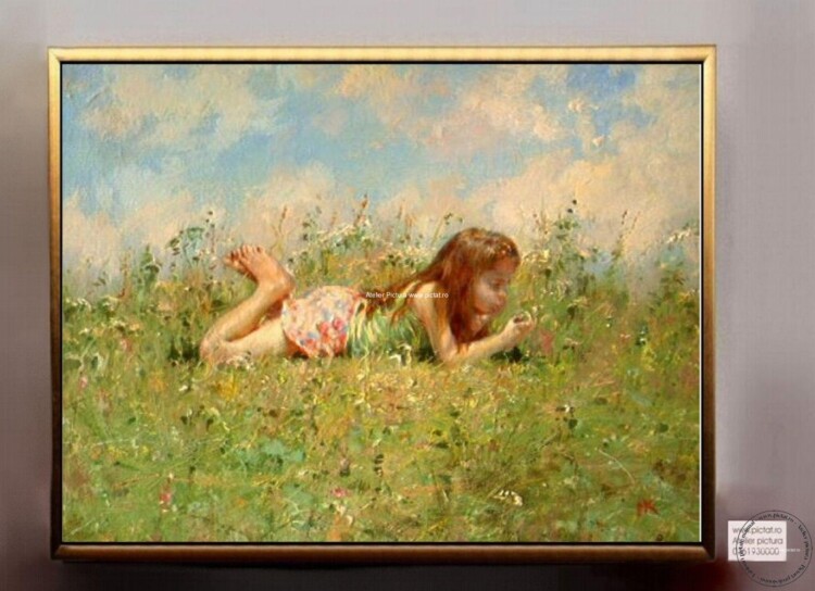 Tablouri pictate manual Tablou portret copil, tablou peisaj cu flori de camp, tablou peisaj vara