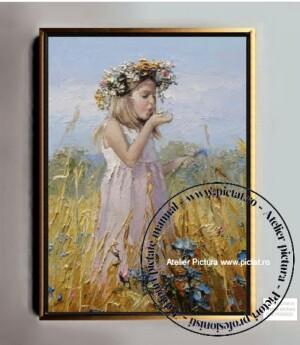 Tablouri pictate manual Tablou portret fetita, tablou cu peisaj de vara, pictura copil cu coronita de flori